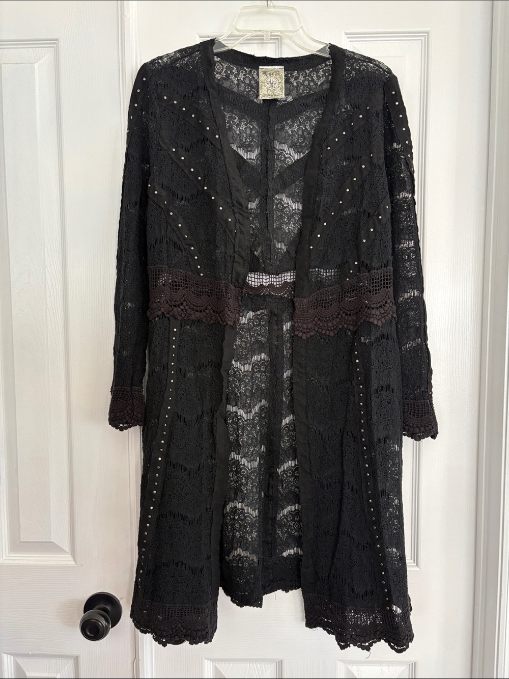 VOCAL Black Studded Lace Long Open Cardigan Duster Goth Women’s Size Large - Picture 2 of 10